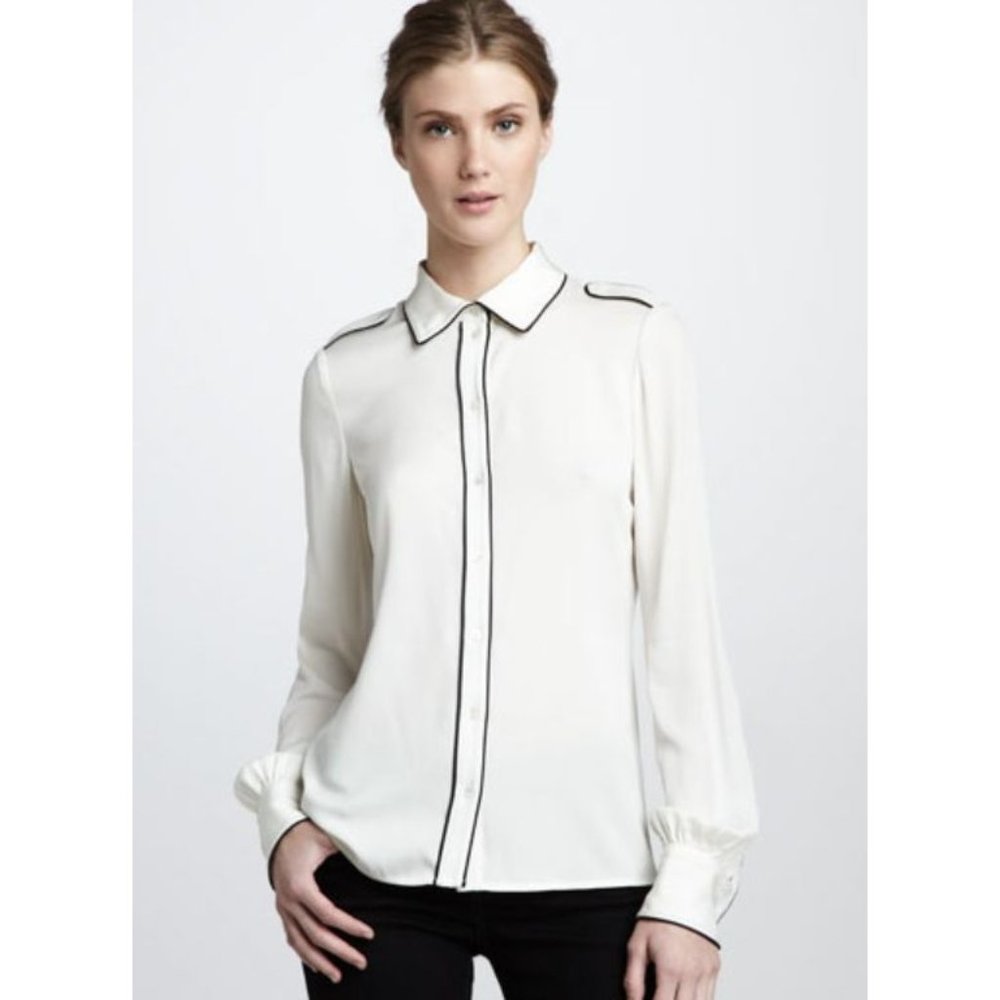 Rachel Zoe Lara Tipped Shirt Size 4 Ivory Cream Silk Blend Button Up Collared
